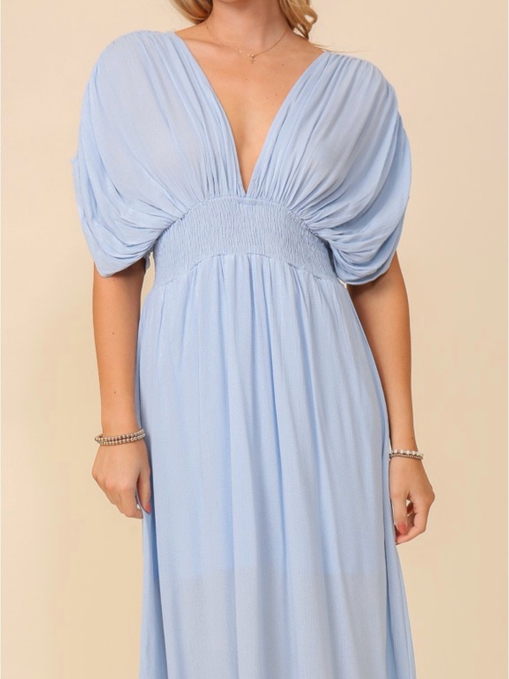 Light Blue Deep V Maxi Dress with Smocked Waist